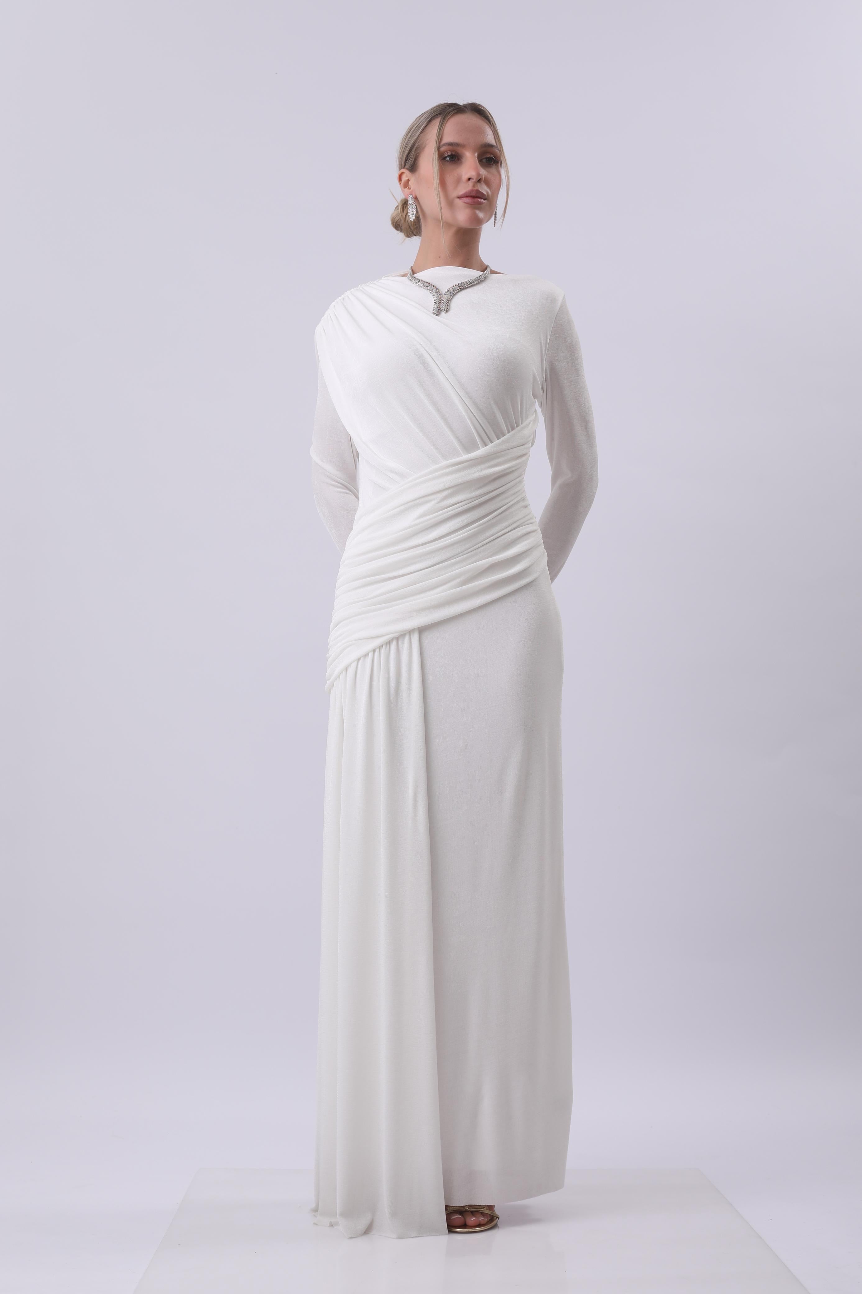 Ivory Draped One-Shoulder Gown with Embellished Neckline