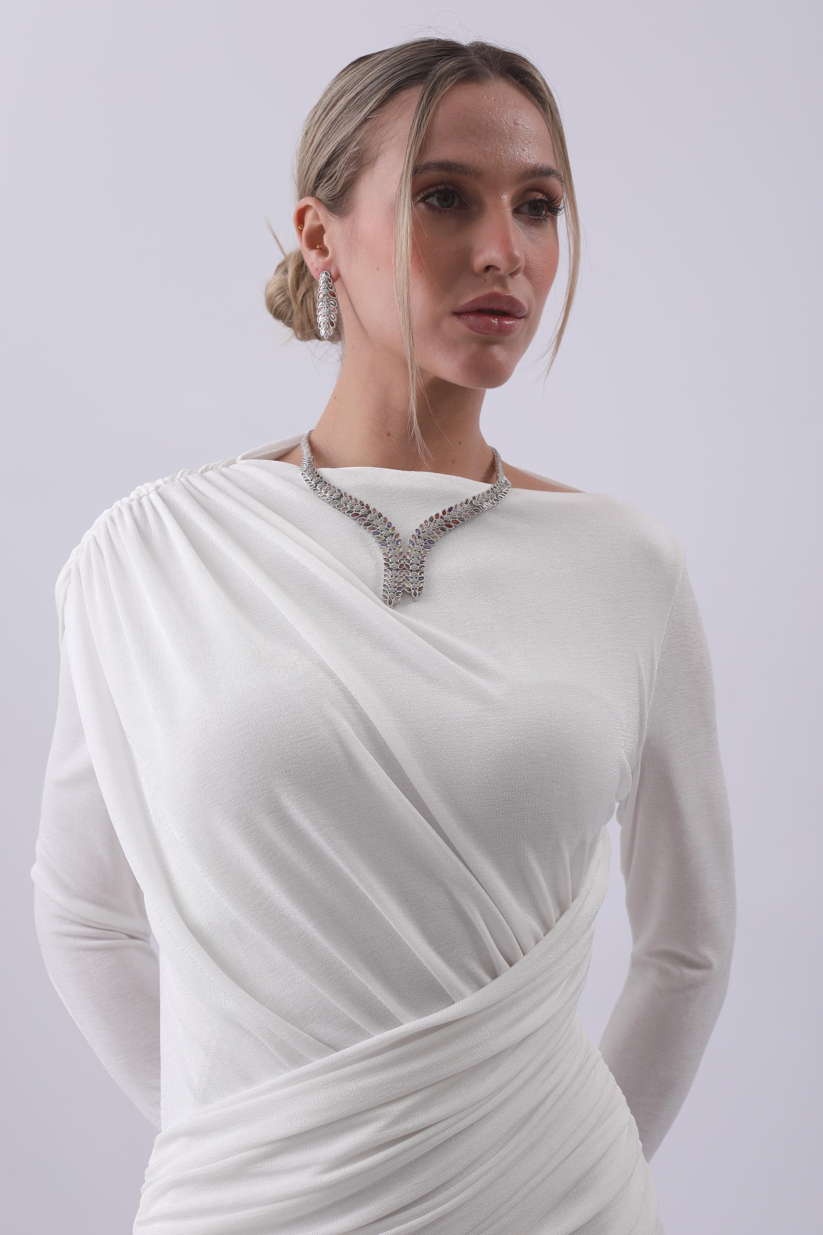 Ivory Draped One-Shoulder Gown with Embellished Neckline