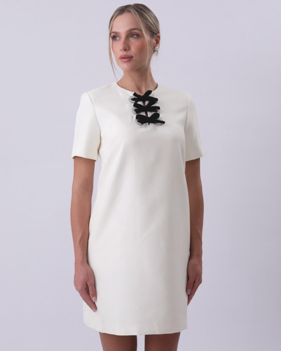 Velour Bow Collar Mini Dress - Ivory