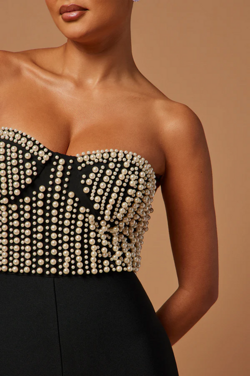 Black Pearl Strapless Jumpsuit | Corset Bust Beaded Bodice & Wide-Leg Fit for Events and Evenings MYLINE