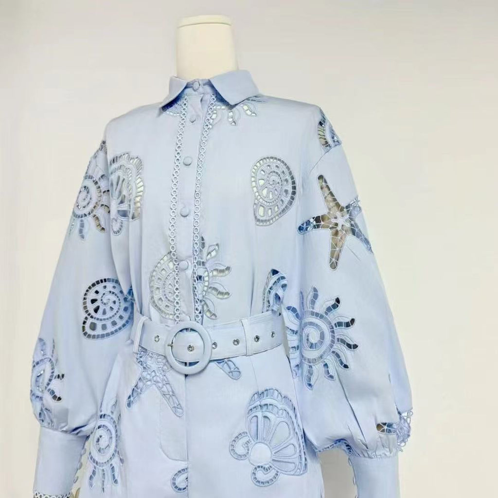 Embroidered Belted Romper Set | Starfish Eyelet Jumpsuit in Blue, White, & Pink MYLINE