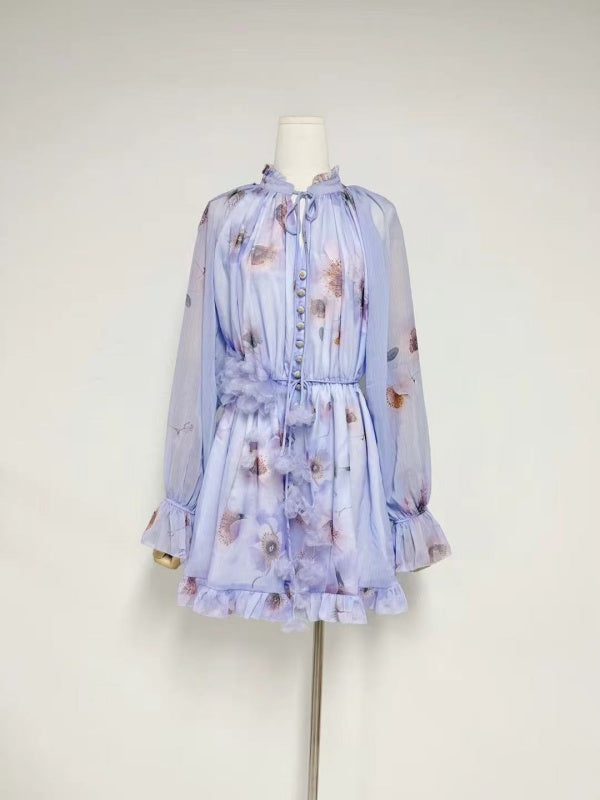 Lilac Floral Sheer Romper | Romantic Ruffle Long Sleeve Jumpsuit with 3D Flowers MYLINE