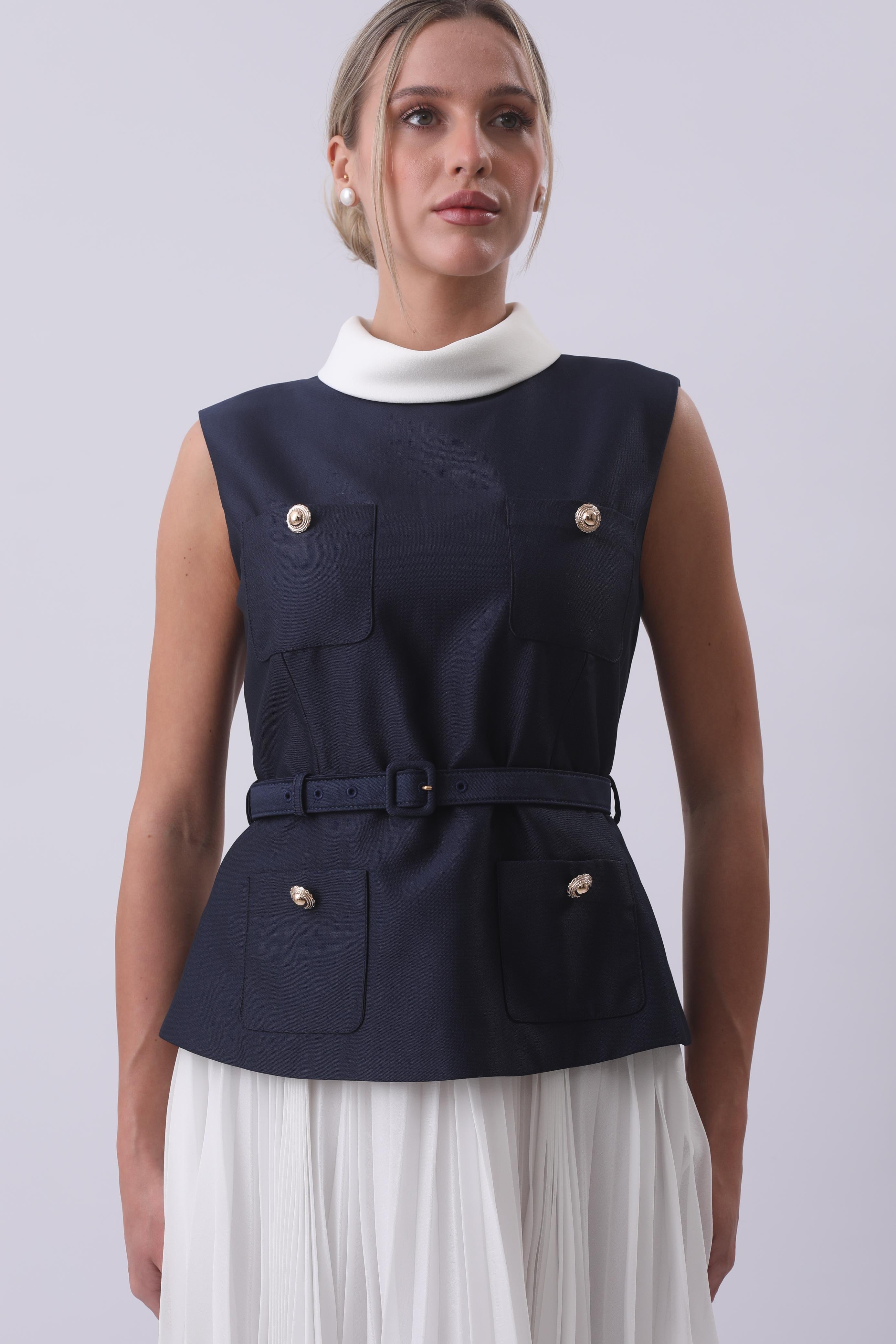 Navy Belted Vest & Pleated Skirt Set