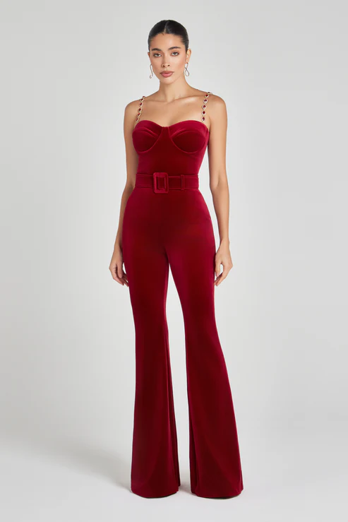Red Velvet Jumpsuit with Crystal Straps | Luxe Flared Pantsuit with Belted Waist & Bustier Top for Glam Events MYLINE