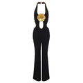 Black Cutout Jumpsuit with Gold Flower | Elegant Halter Wide-Leg Evening Suit MYLINE