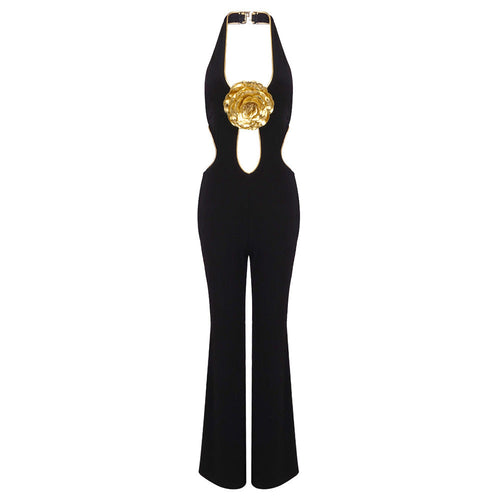 Black Cutout Jumpsuit with Gold Flower | Elegant Halter Wide-Leg Evening Suit MYLINE
