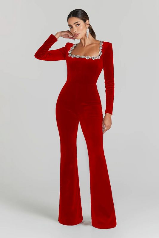 Red Velvet Jumpsuit | Elegant Square Neck Crystal Trim Flared Leg Evening Suit MYLINE