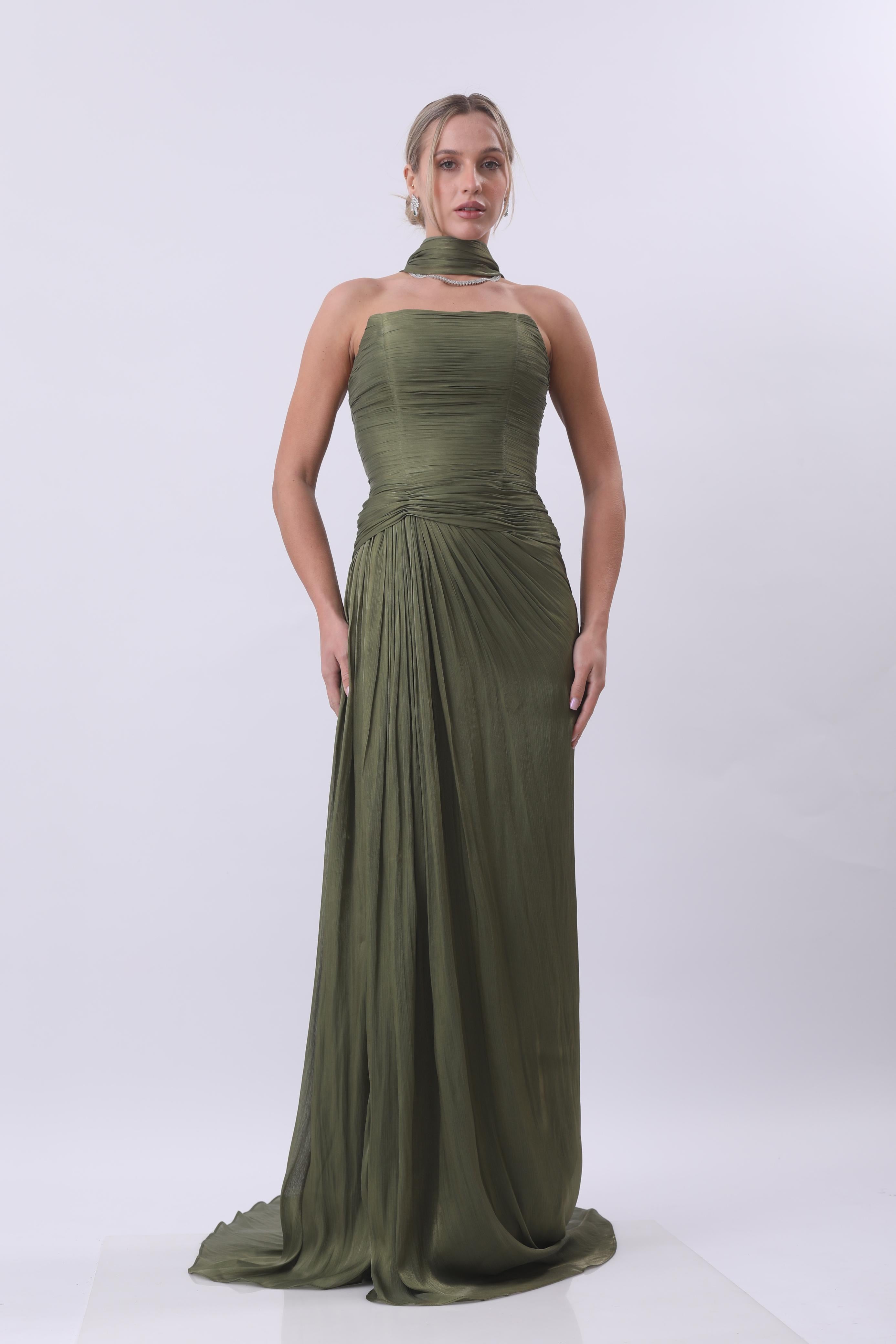 Olive Draped Goddess Gown