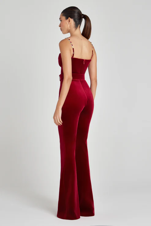 Red Velvet Jumpsuit with Crystal Straps | Luxe Flared Pantsuit with Belted Waist & Bustier Top for Glam Events MYLINE