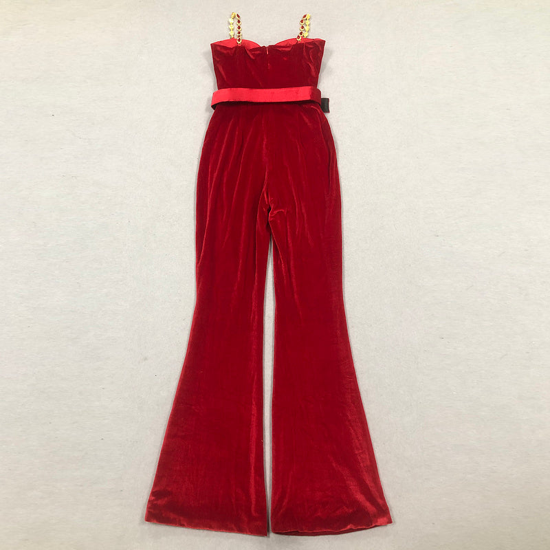 Red Velvet Jumpsuit with Crystal Straps | Luxe Flared Pantsuit with Belted Waist & Bustier Top for Glam Events MYLINE
