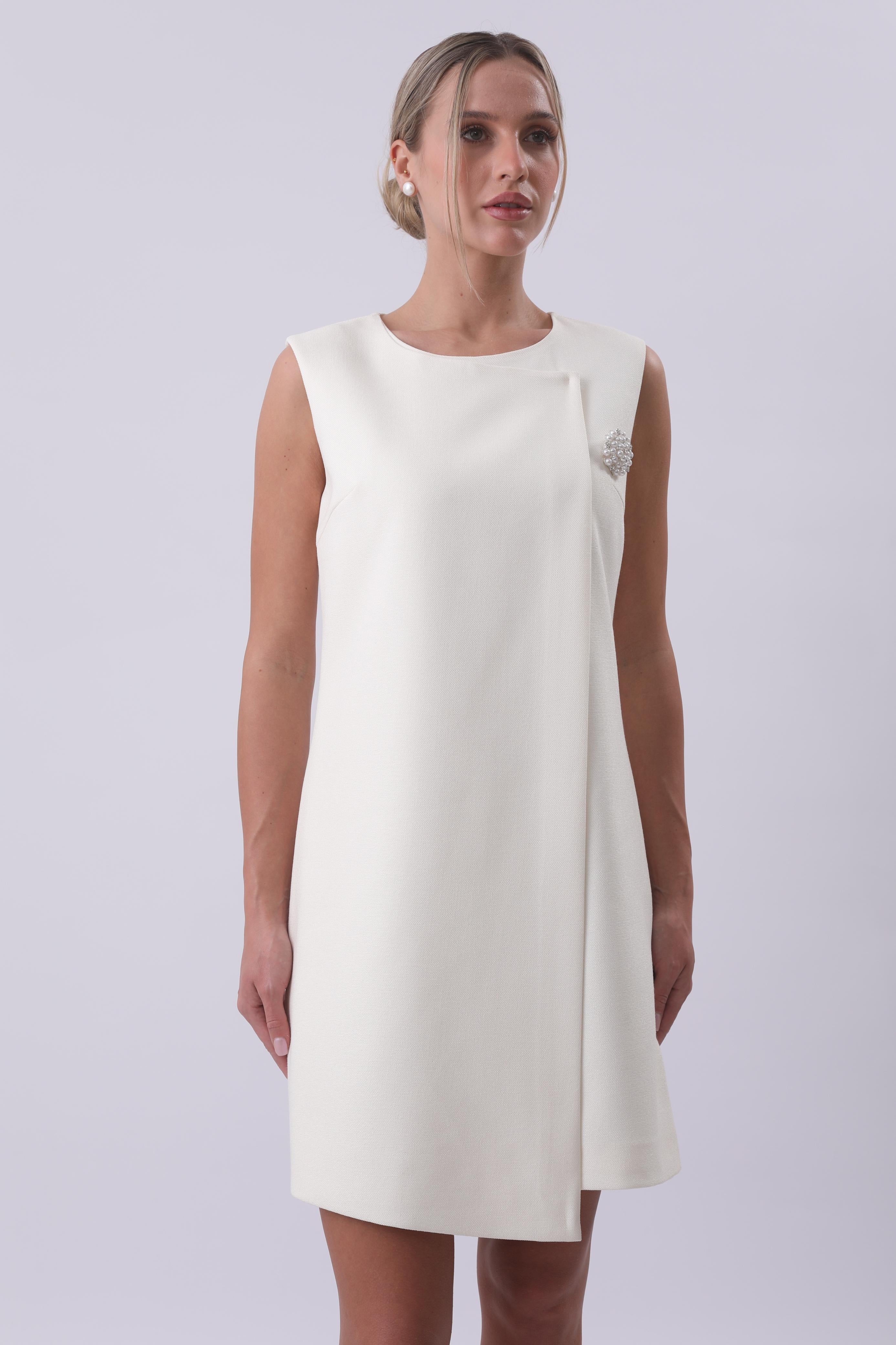 Ivory Pearl-Embellished Draped Mini Dress