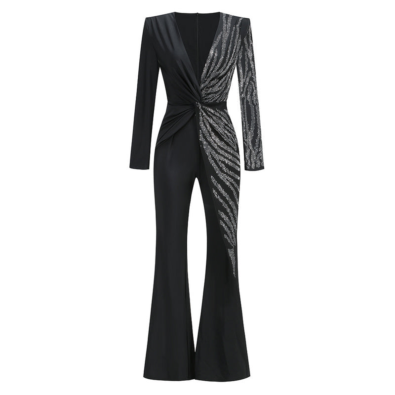Rhinestone One Sleeve Jumpsuit | Glamorous Crystal Knot Waist Party Outfit MYLINE