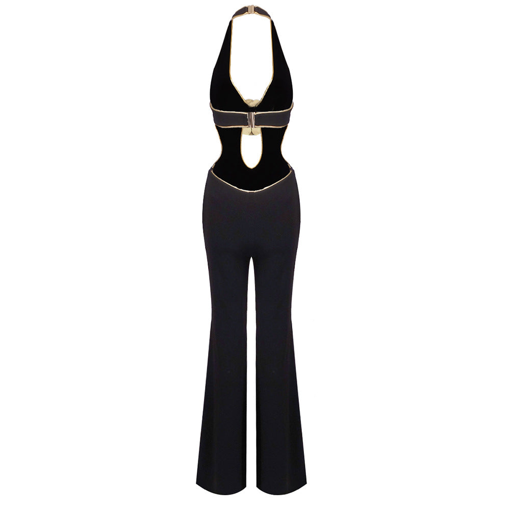 Black Cutout Jumpsuit with Gold Flower | Elegant Halter Wide-Leg Evening Suit MYLINE