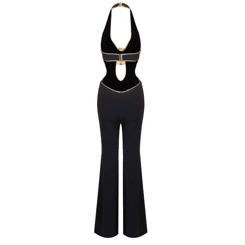 Black Cutout Jumpsuit with Gold Flower | Elegant Halter Wide-Leg Evening Suit MYLINE