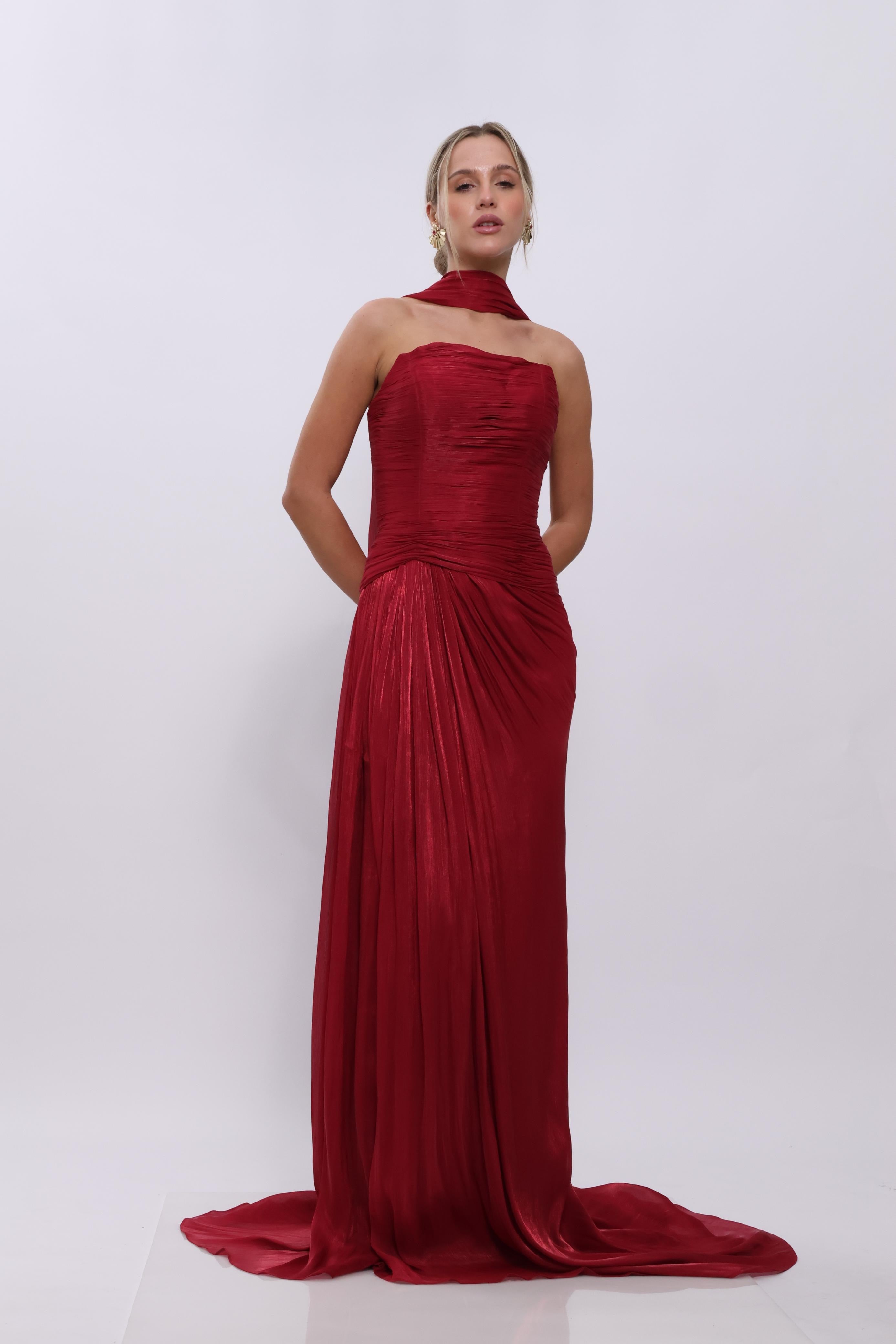 Sienna Pleated Scarf Gown – Peach Blush & Red