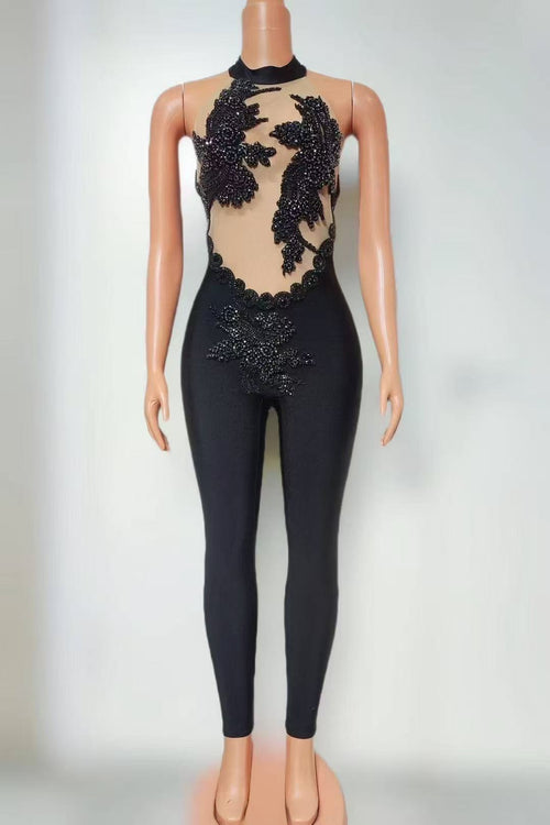 Black Beaded Illusion Jumpsuit | Sheer Mesh Bodysuit with Appliqué & High Neck Halter for Stage and Events MYLINE