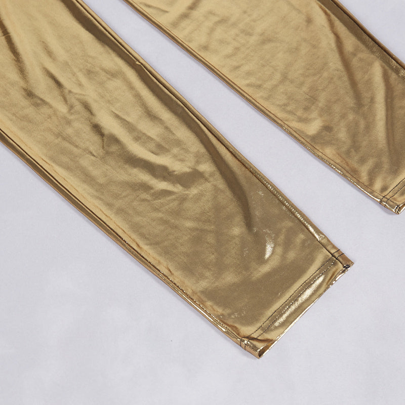 Gold Metallic Cut-Out Jumpsuit | Halter Neck Ring Detail Bodycon Party Catsuit for Club & Events MYLINE