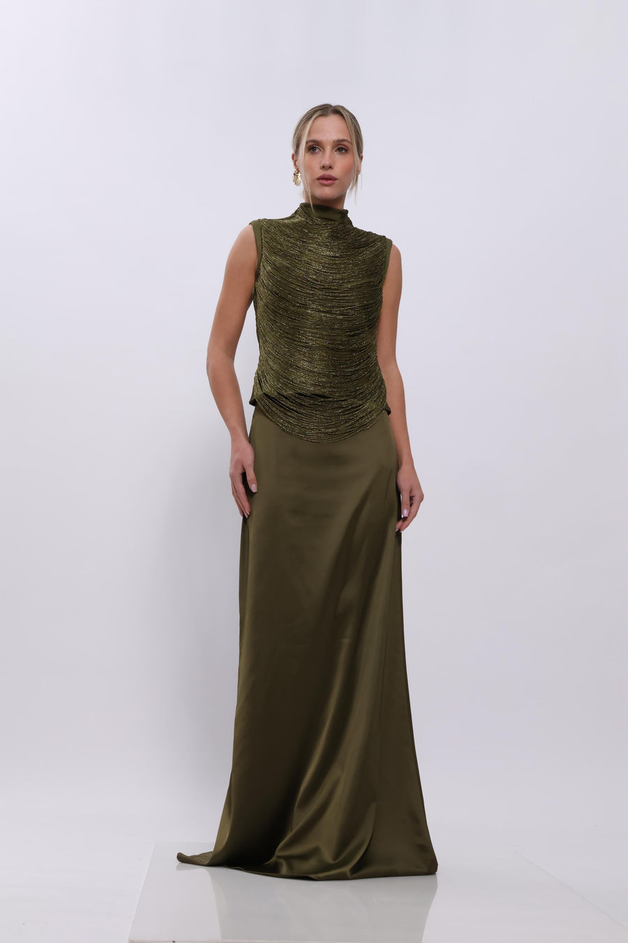 Olive Luxe Draped Evening Gown