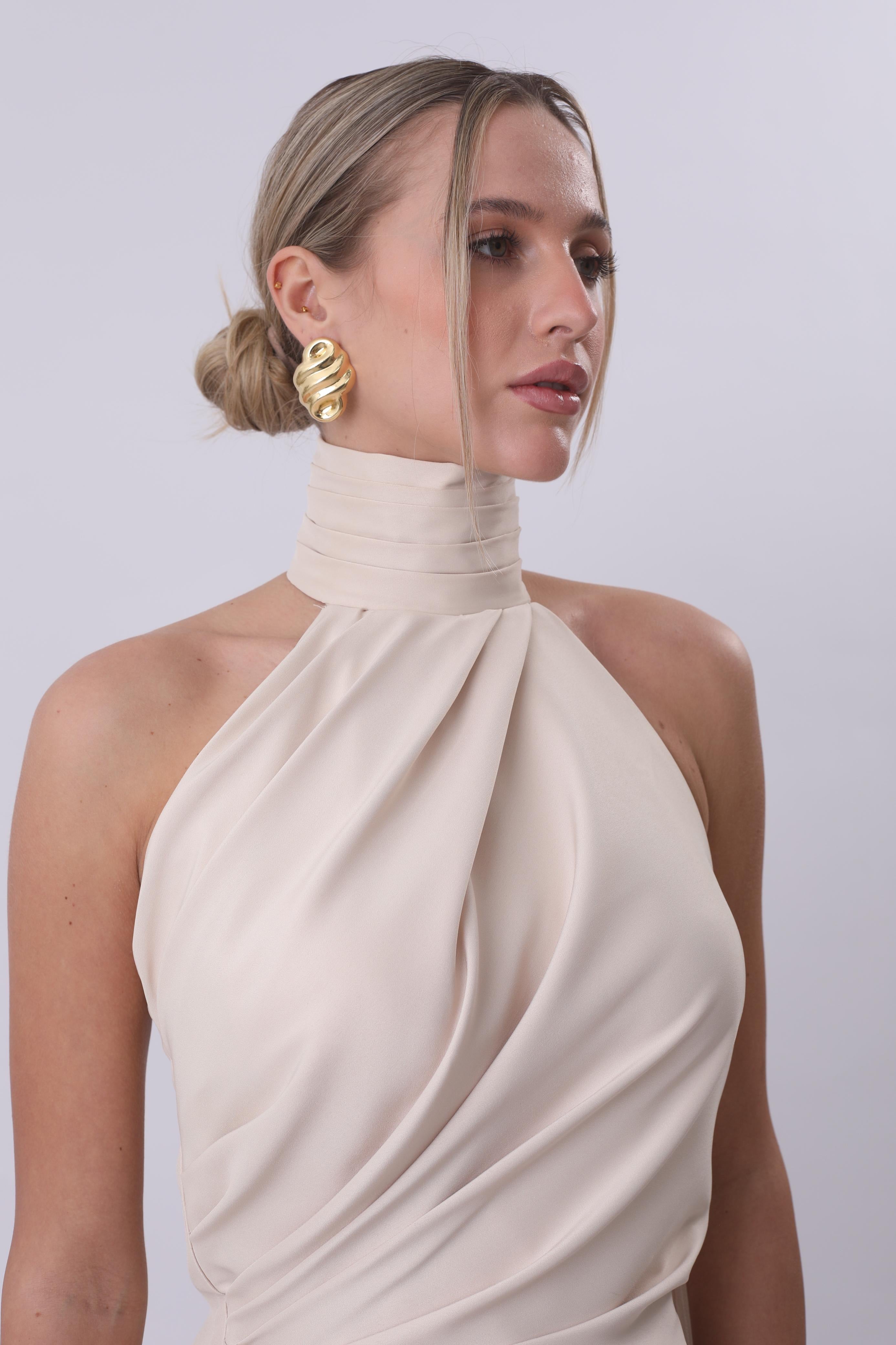 Athena Draped Halter Neck Maxi Dress – Champagne