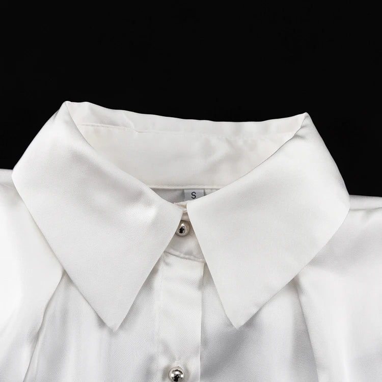 Elegant Off-Shoulder Satin Blouse with Black Tie