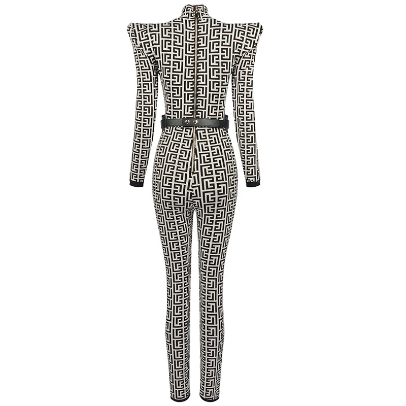 Geometric Knit Bandage Jumpsuit with Structured Shoulders