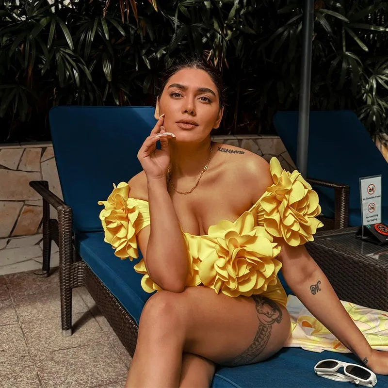 3D Flower Off-Shoulder One-Piece Swimsuit