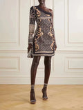 Black & Gold One-Shoulder Pearl Embellished Mini Dress