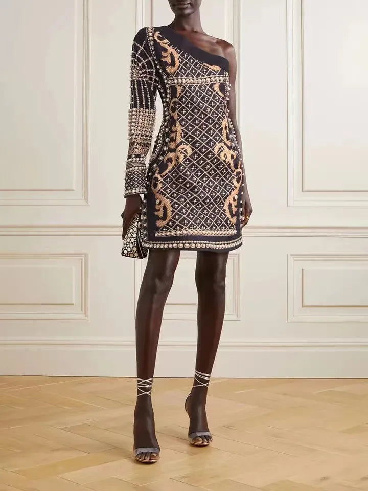 Black & Gold One-Shoulder Pearl Embellished Mini Dress