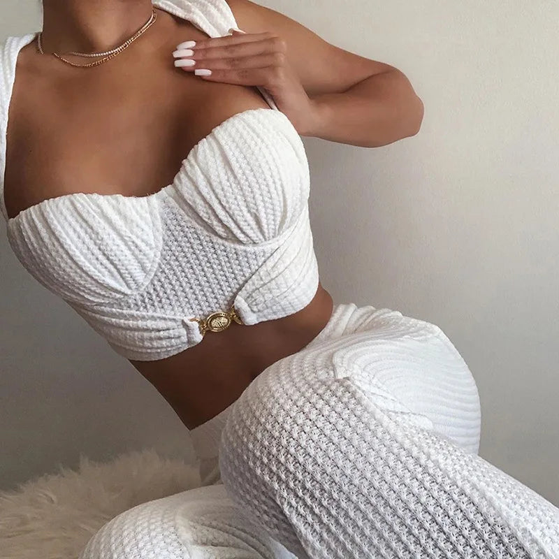White Textured Two-Piece Set with Sculpted Bust & High-Waist Pants