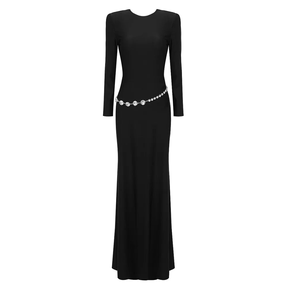 Elegant Long Dress with Diamond Chain Waist