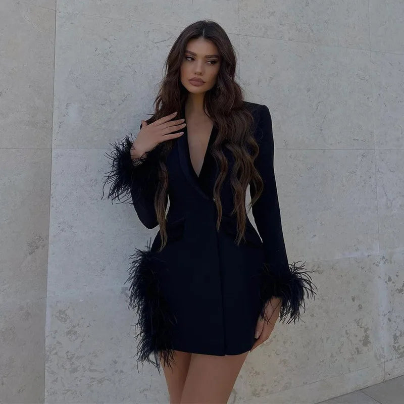 Feather Trim Blazer Mini Dress