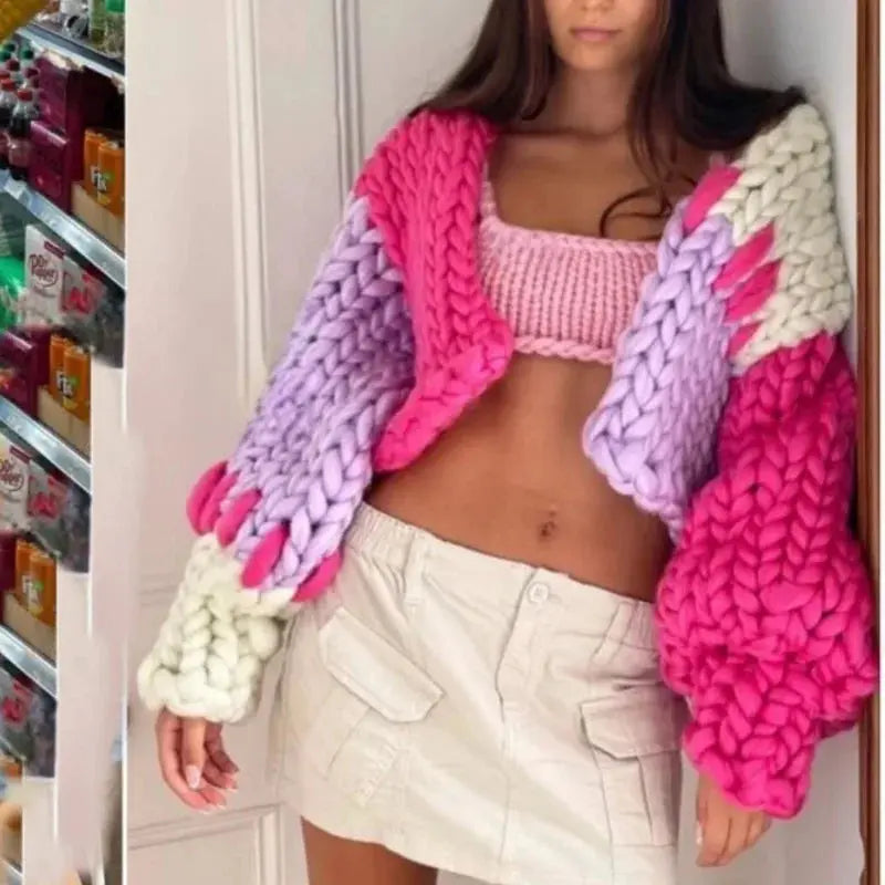 Pink & Purple Chunky Knit Cardigan | Oversized Handmade Jacquard Sweater MYLINE