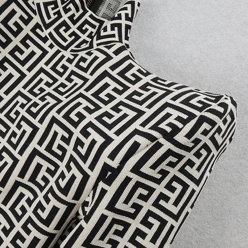 Geometric Knit Bandage Jumpsuit with Structured Shoulders