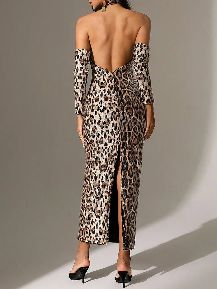 Leopard Sequin Halter Maxi Dress