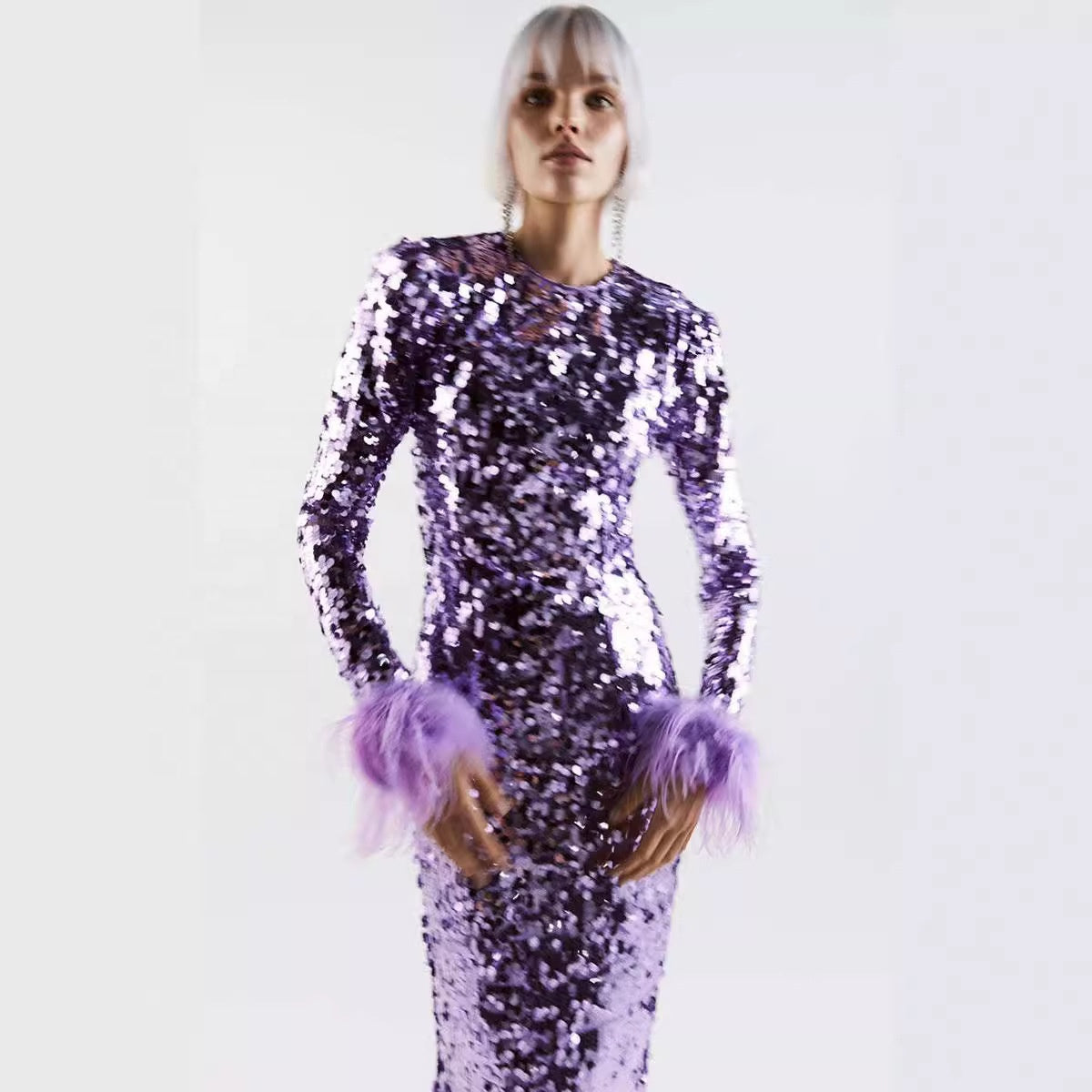 Sequin Feather Long Sleeve Midi Dress