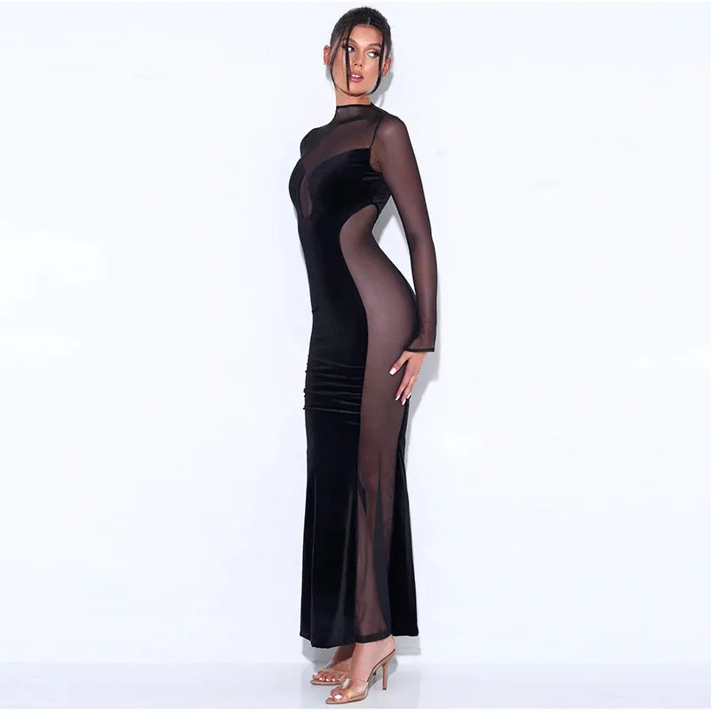 Velvet Illusion Mesh Maxi Dress