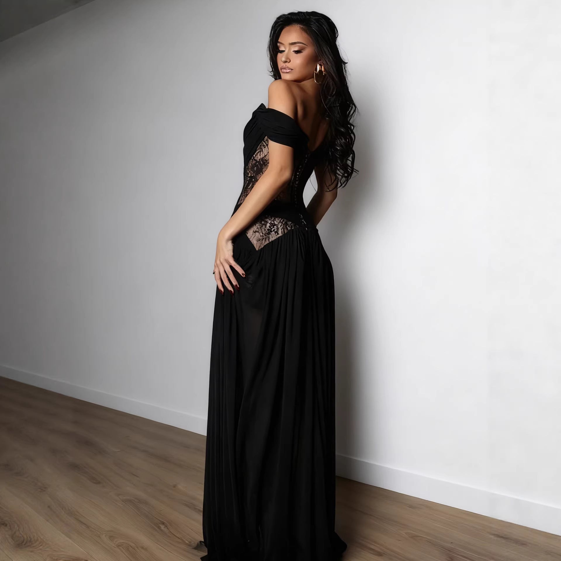 Off-the-Shoulder Lace Patchwork Maxi Dress