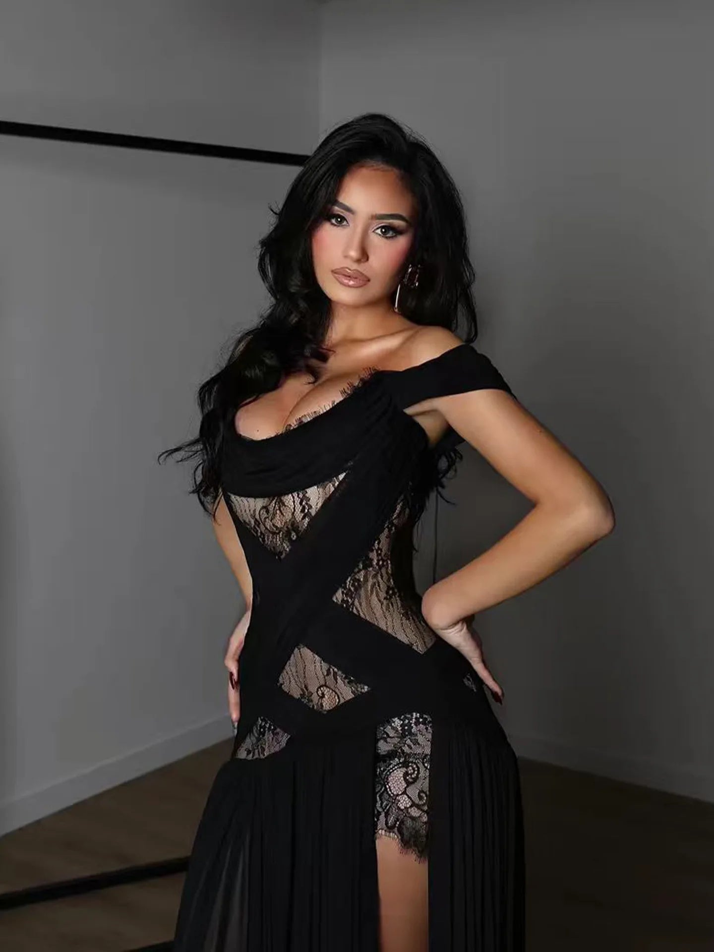 Off-the-Shoulder Lace Patchwork Maxi Dress