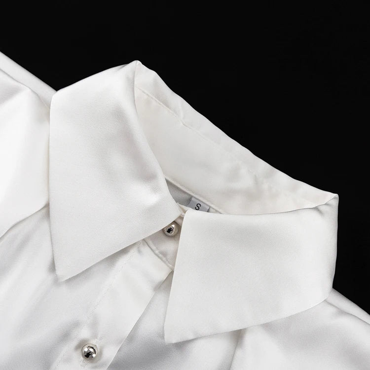 Elegant Off-Shoulder Satin Blouse with Black Tie