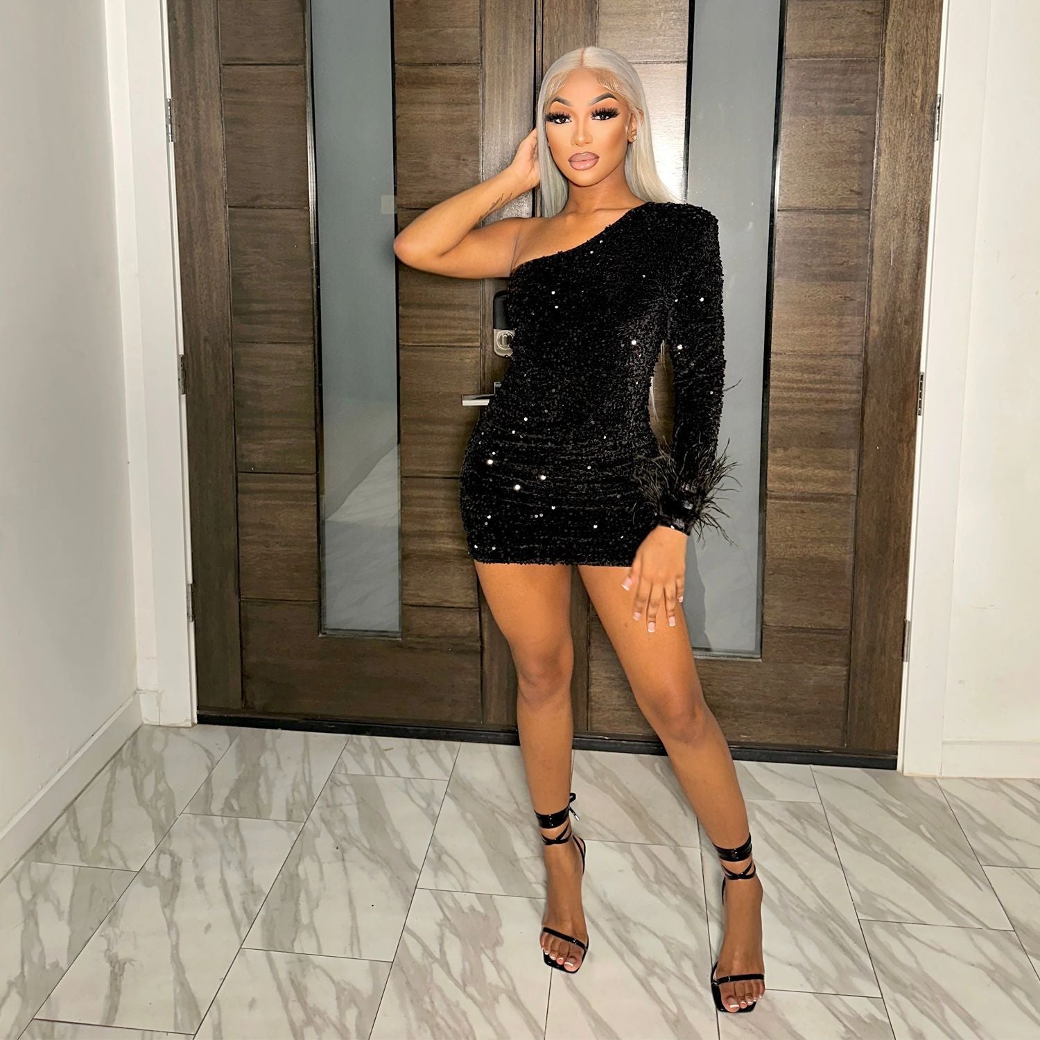 One-Shoulder Sequin Feather Mini Dress