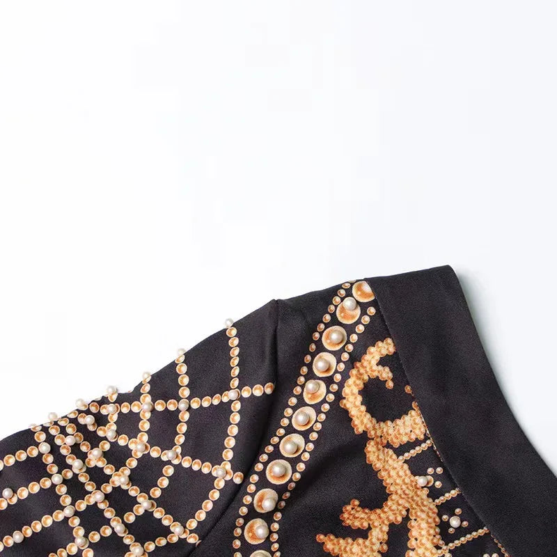 Black & Gold One-Shoulder Pearl Embellished Mini Dress