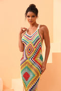 Handmade Colorful Knit Maxi Dress | Crochet Patchwork Boho Cover-Up. MYLINE