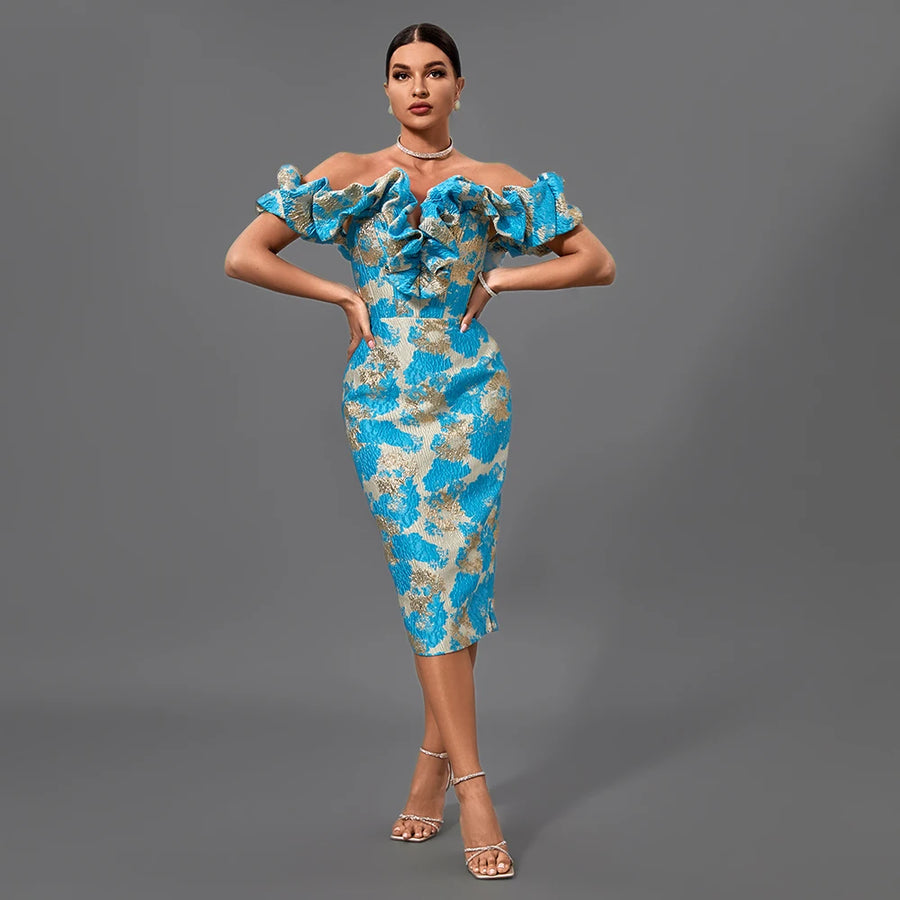 Ruffle Jacquard Midi Dress