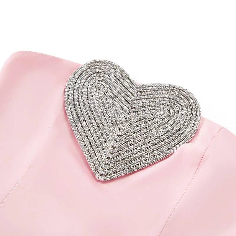 Pink Strapless Maxi Dress | Beaded Heart Bodice, Fitted Satin Gown with Slit