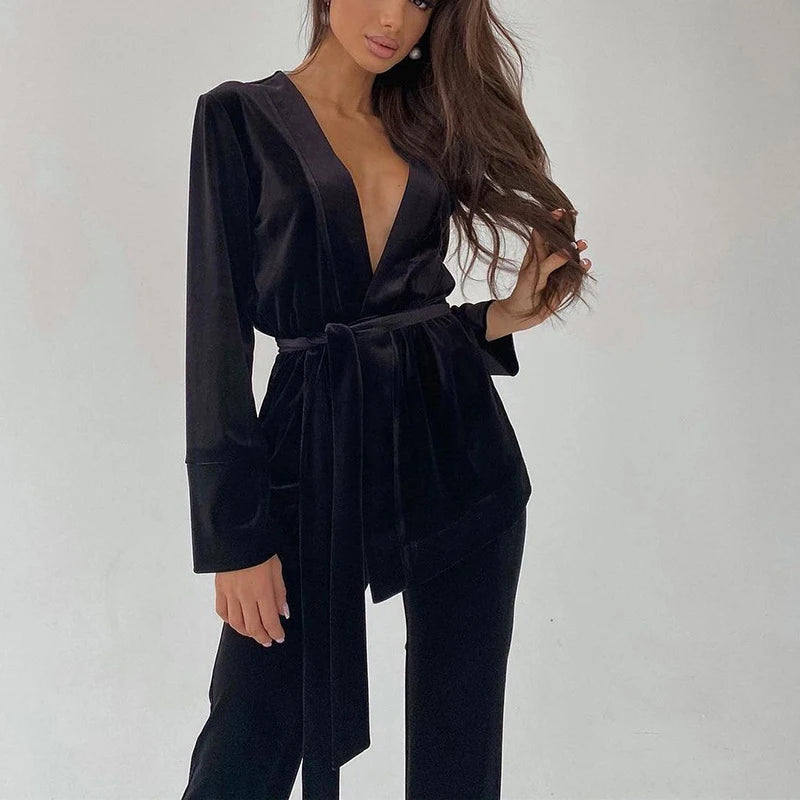 Velvet Belted Deep-V Jumpsuit