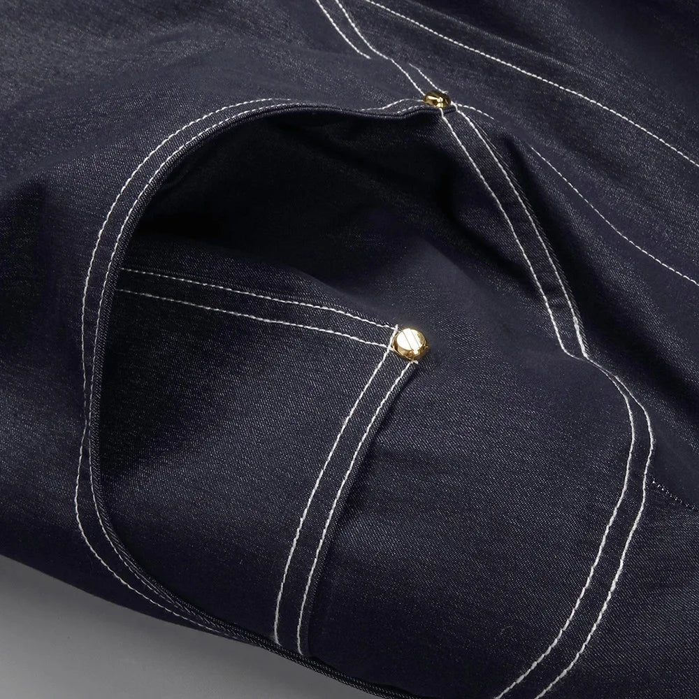 Dark Denim Halter Maxi Dress | Zipper Front Bodycon, Pockets