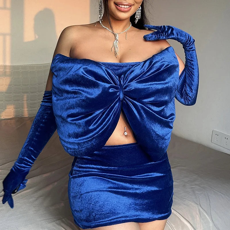 Velvet Bow Statement Mini Dress with Gloves