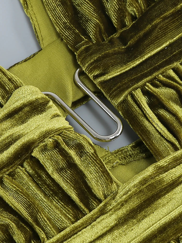 Luxury Olive Velvet Deep V-Neck Pleated Maxi Dress