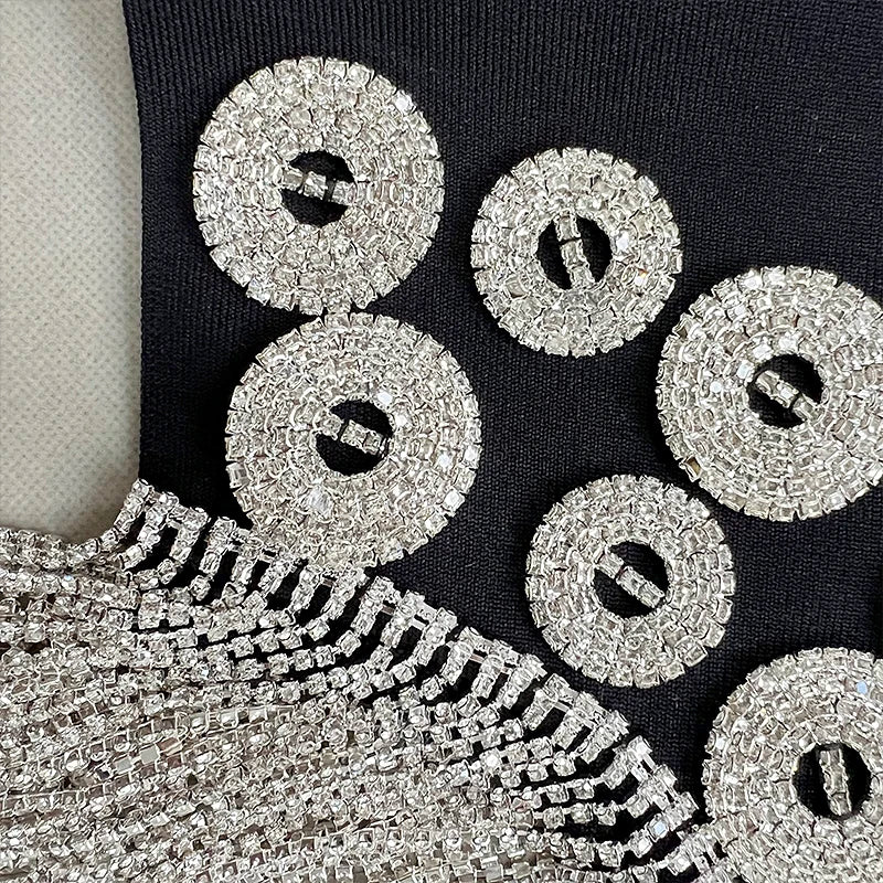 Luxury Black Velvet Crystal Tassel Mini Dress