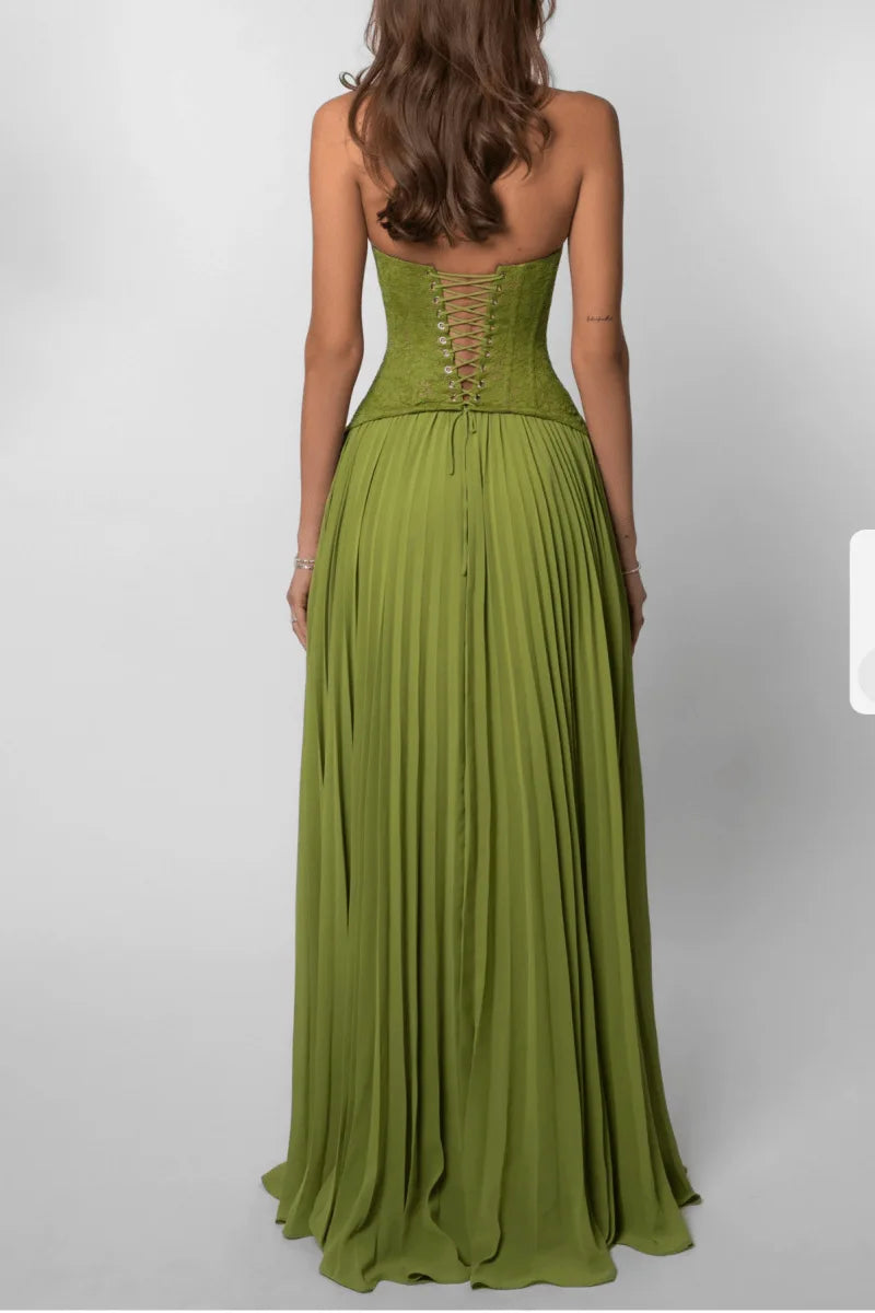 Lace Corset Maxi Dress with Pleated Skirt